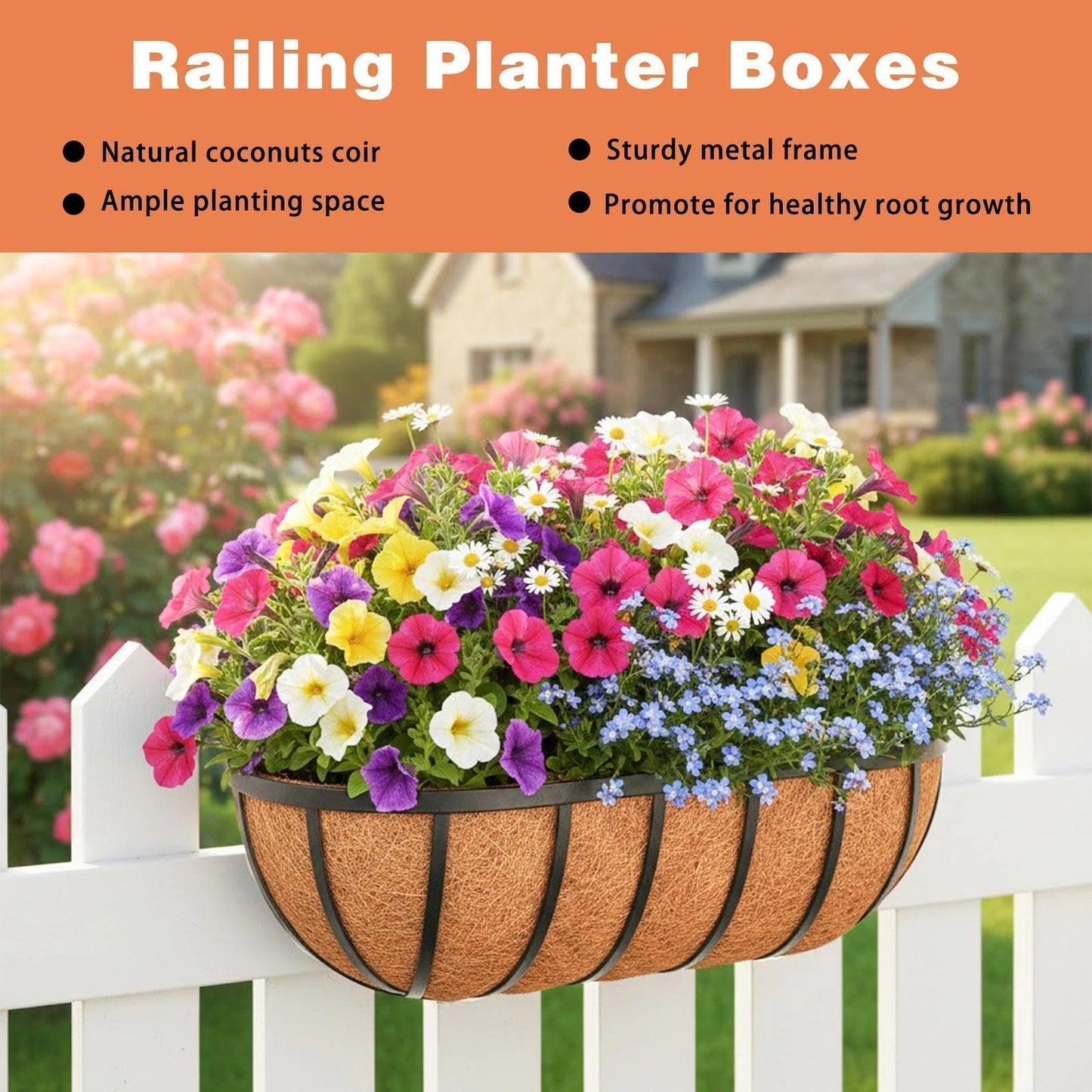 ZVOWOS 4 Pack 24" Railing Planter Window Box with Coco Fiber Liner Horse Trough Planter The Railing Planter Boxes for Deck Porch Fence Outdoor