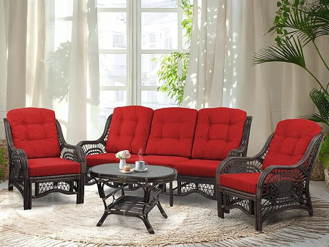 Malibu Lounge Set of 4: 2 Natural Rattan Wicker Chairs, Three-Seater Sofa