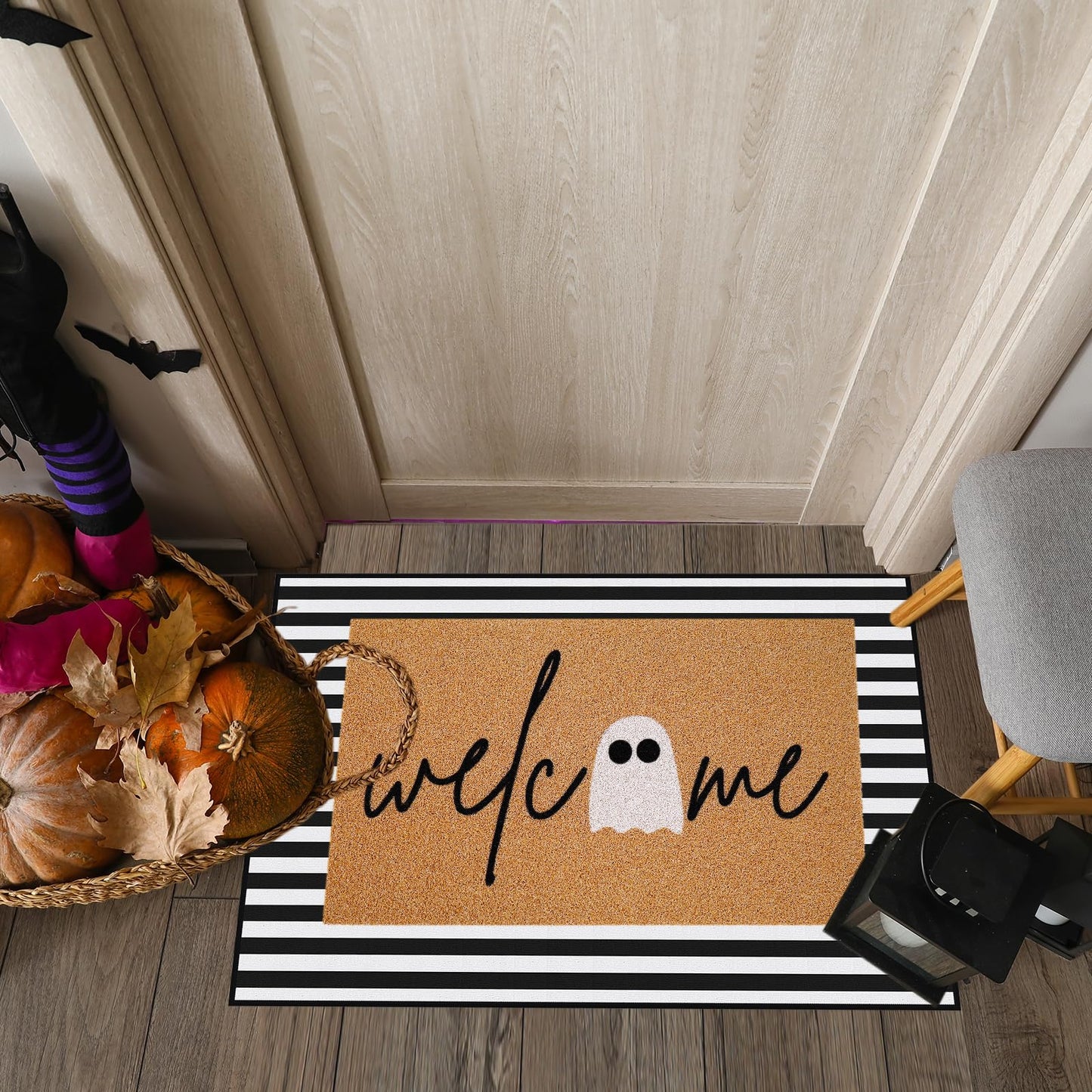 JarThenaAMCS 2Pcs Halloween Door Mat Combo Set 16.5" x 29" Cute Ghost Imitation Coir Welcome Doormat with 23.6" x 35.4" Black White Stripe Rug for Indoor Outdoor Home Bathroom Decor