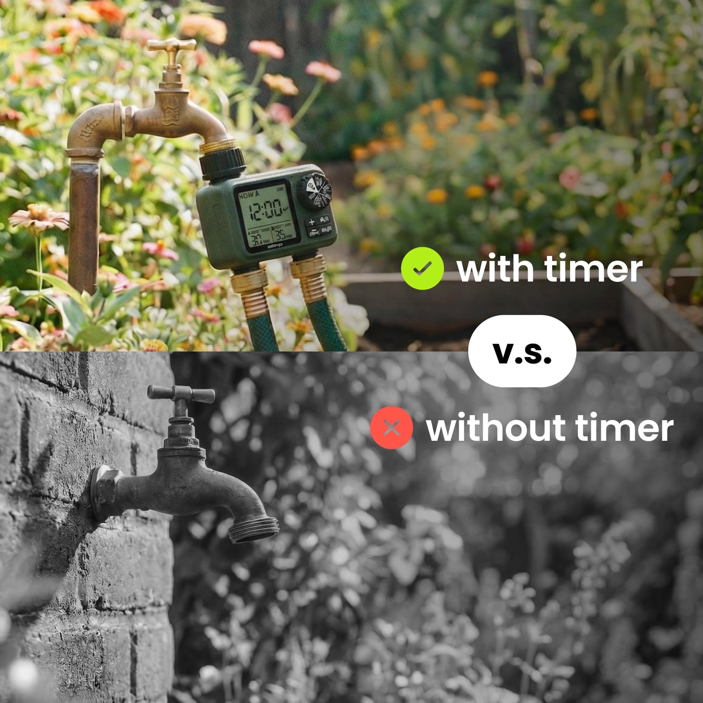 Soildrops Sprinkler Timer for Garden Hose, Programmable 1 or 2 Outlet Controller with Self-Cleaning Valve, 15-Day Frequency, Large Dial, Rain Delay & Auto-Off, IPX5