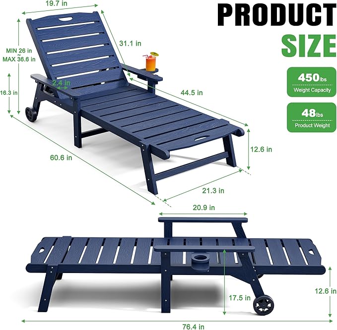 Outdoor Lounge Chair with 5-Position Adjustable, Outside Lounge Chair with Cup