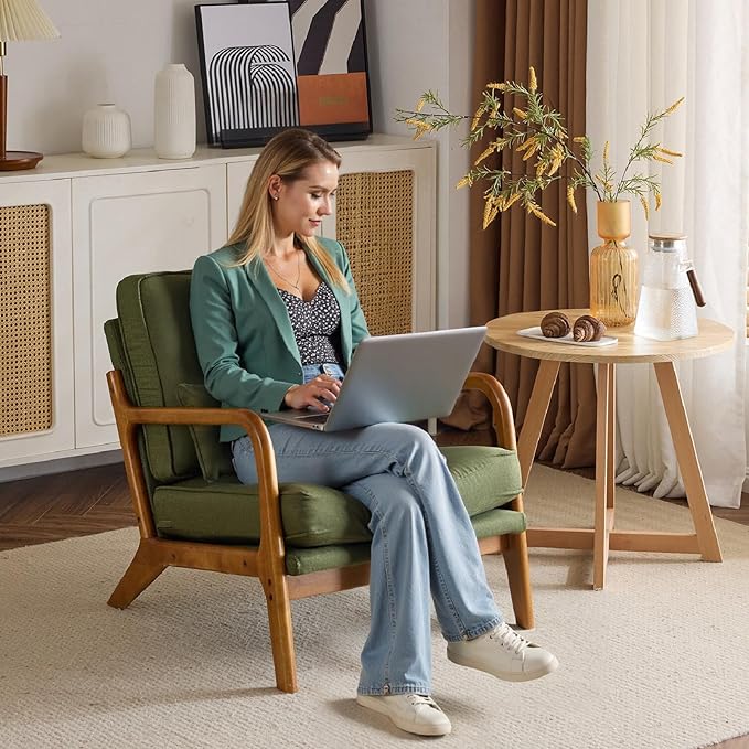 Bonnlo Dark Green Linen Mid Century Modern Accent Chair, Soild Wood Padding