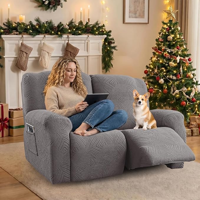 Recliner Loveseat Covers, 4-Piece Stretch Geometric Strokes Jacquard Reclining