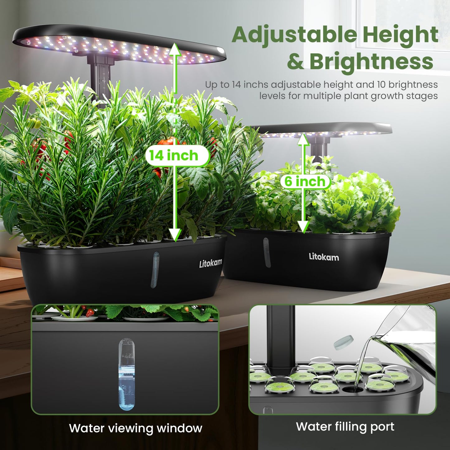 litokam Hydroponics Growing System Kit, 15 Pods Indoor Herb Garden with Smart APP & Quiet Pump, 24W LED Light, Auto Timer, Perfect Indoor Garden for Herbs, Vegetables & Flowers, Ideal for Plant Lovers