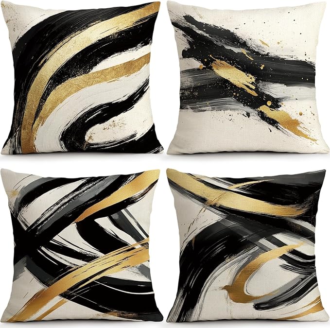 OBSEDE Abstract Black Gold Ink Brush Strokes Throw Pillow Covers 18 × 18 in