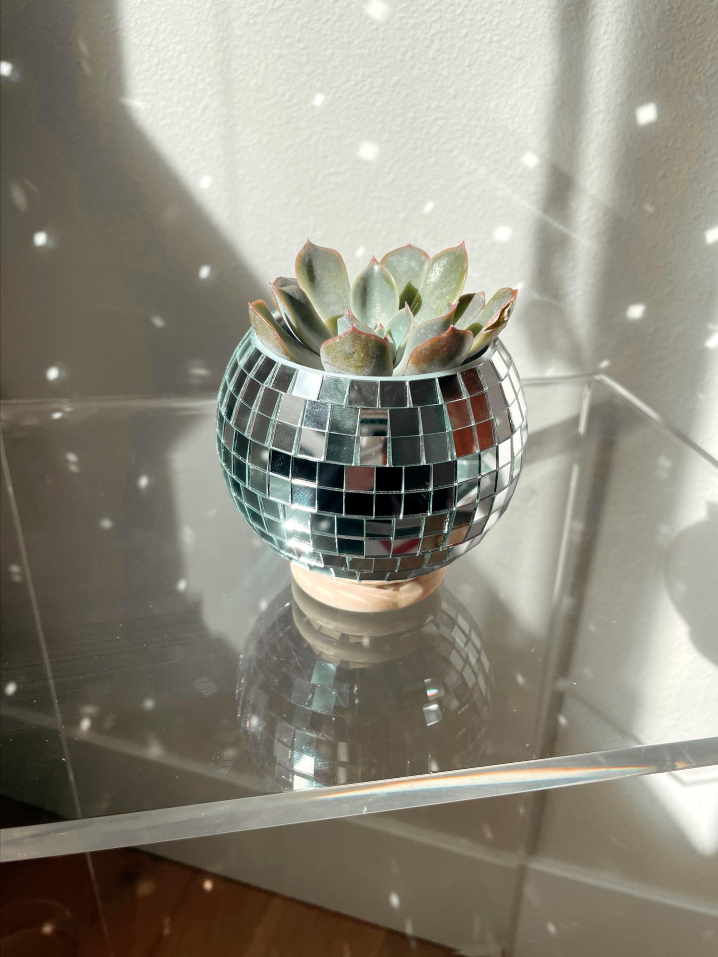 Havenstone Home Hanging Disco Ball Planter 8" - with Acrylic Stand and Macrame Plant Hanger - Home Décor, Room Décor, Patio or Boho Décor, Mirror Disco Planter, Disco Decor (4" Mini with Base)
