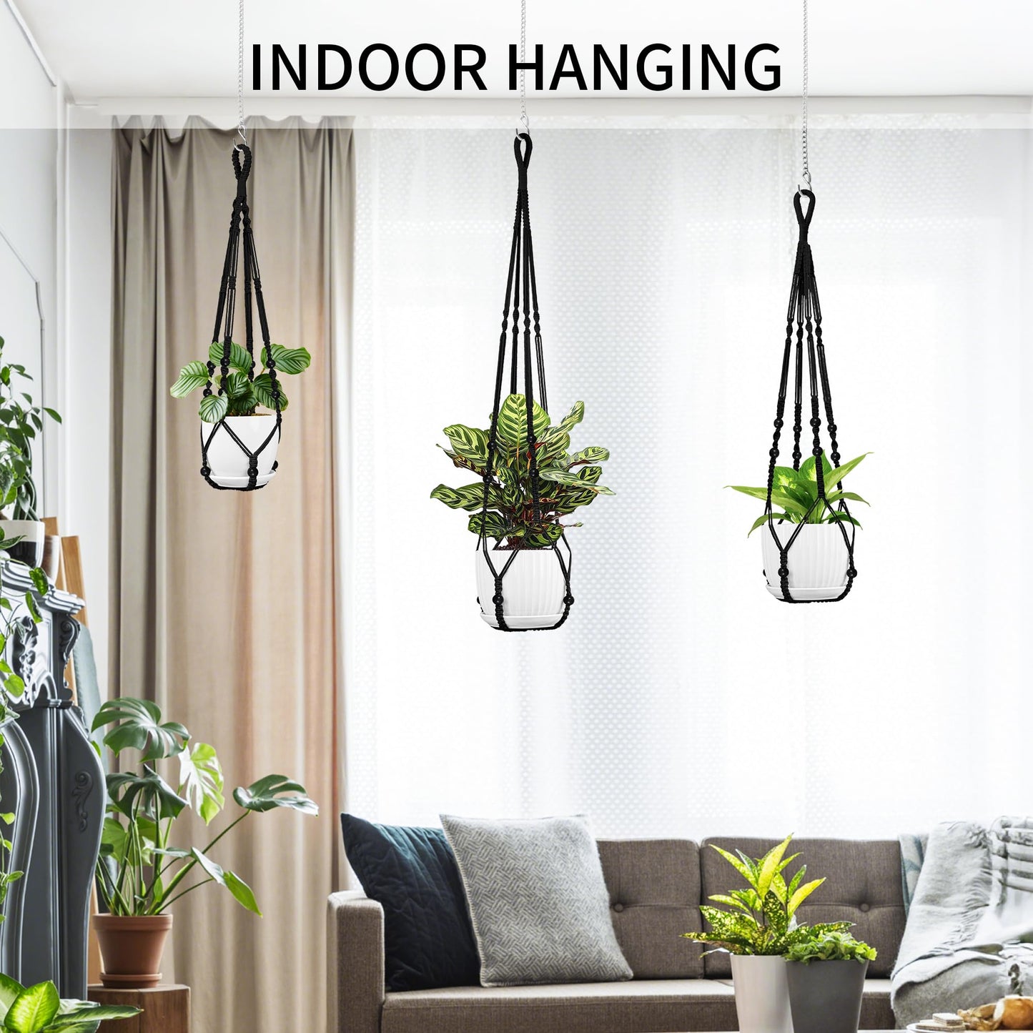 IDEEEPAN Macrame Plant Hanger - Fits 4 to 15 inches Pots for Indoor Outdoor, 43"/35"/29" Different Sizes Set, Black (POTS NOT Included)