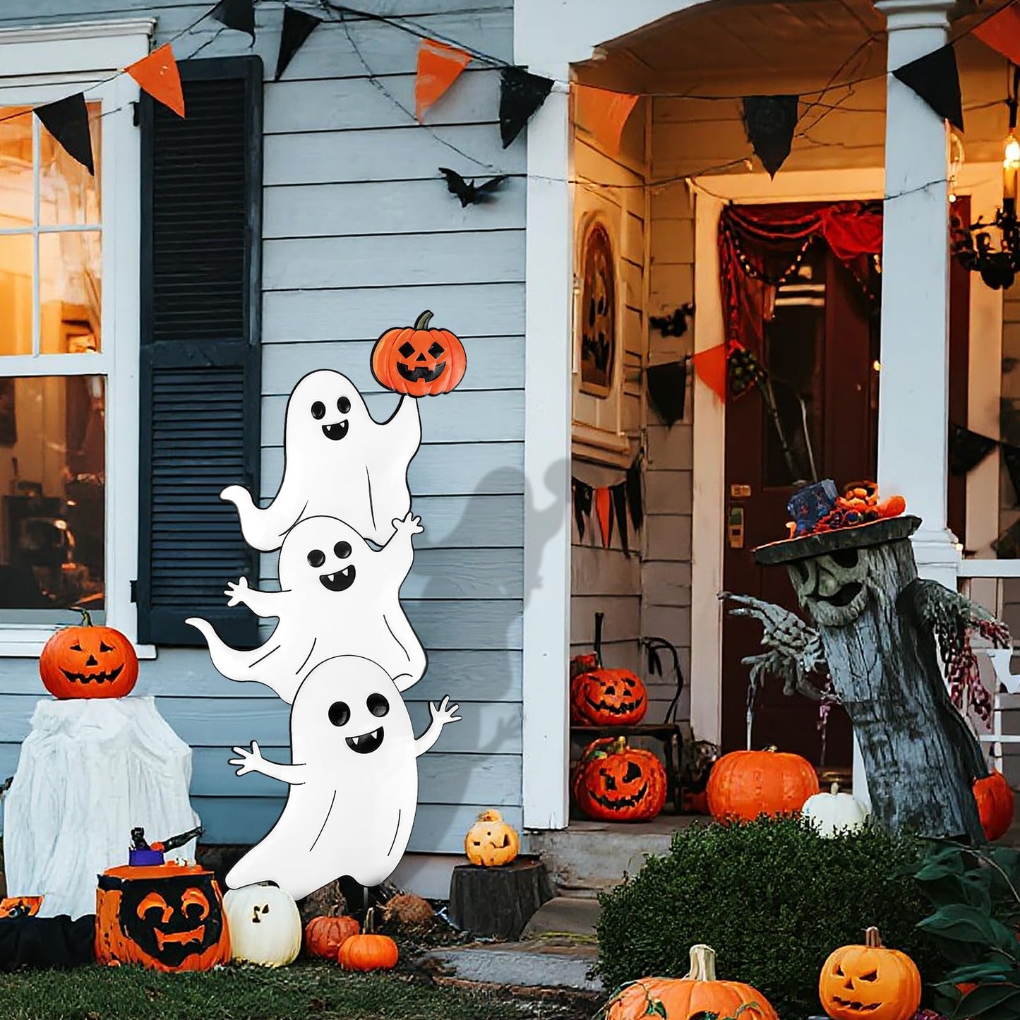 TaoQ C Halloween Ghost Yard Signs Metal Ghost Yard Sign with Pumpkin Halloween Metal Garden Stakes for Outdoor Garden Lawn Patio Pathway Horror Party Decorations