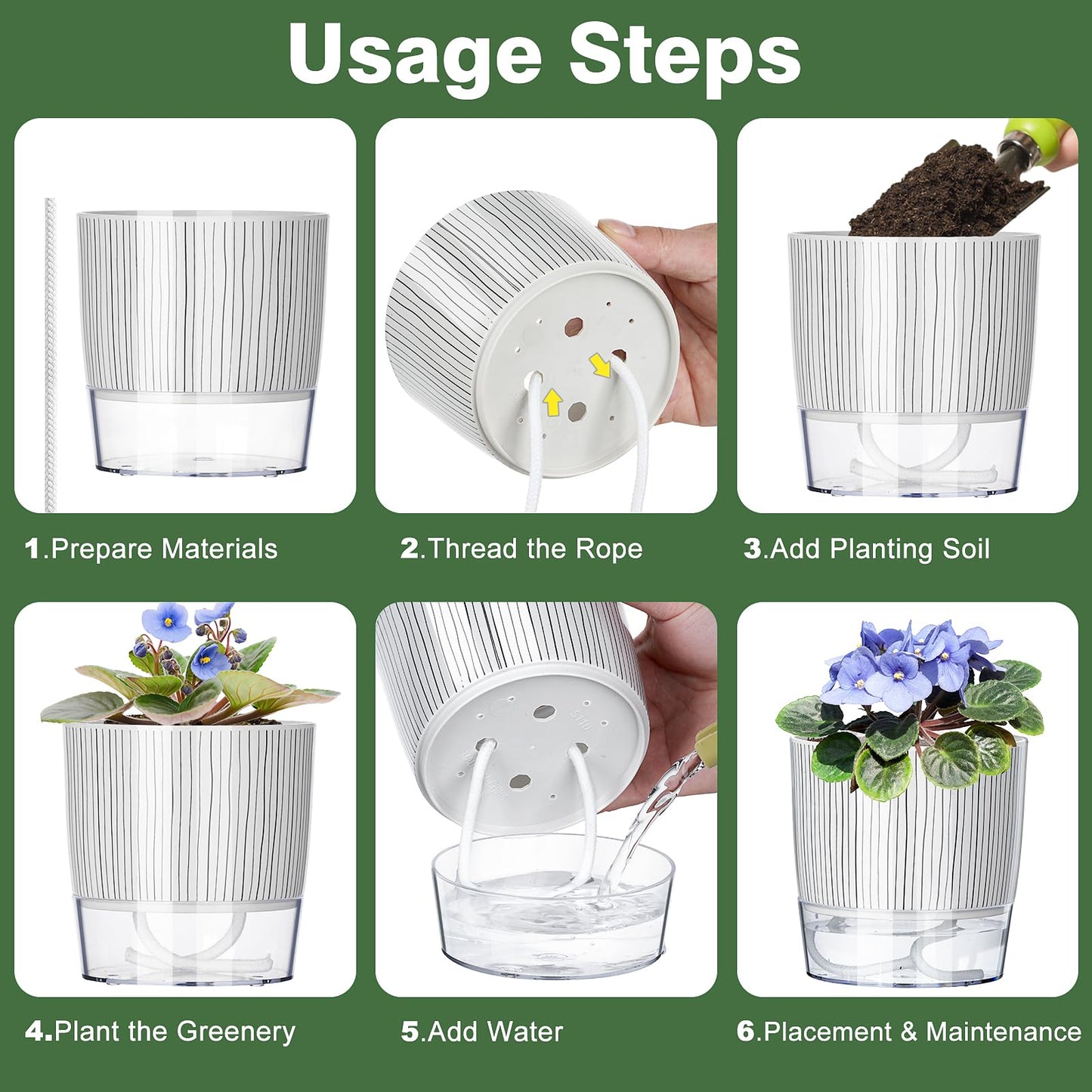 Samhe 6 Pack Self Watering Pots for Indoor Plants, 4+5.5+6.3 Inch Self Watering Plant Pots Set, Flower Pots with Wick Rope and Reservoir for African Violet, Spider Plant, Orchid