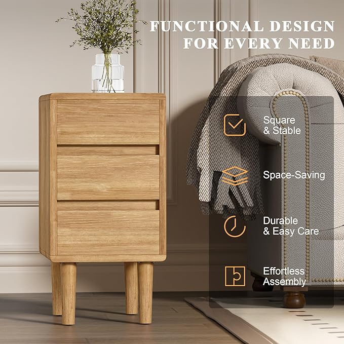 Nightstand with 3 Drawers Narrow Night Stand Solid Wood Bedside Table Mid