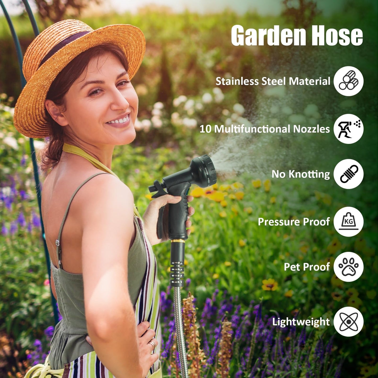 Garden Hose 50 ft, Stainless Steel Water Hose 50ft Heavy Duty with 10 Function Nozzle, Flexible No-Kink Metal Hose 50 Feet, Pet-Proof Water Pipe for Outside Yard