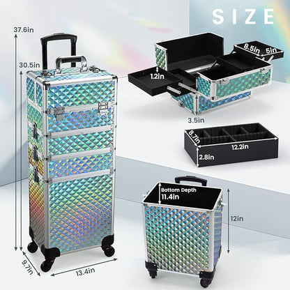 Stagiant Rolling Makeup Case Cosmetology Case on Wheels 4 in 1 Makeup Travel Case Large Cosmetic Organizer Storage with Key Swivel Wheels Nail Artist Salon Traveling Cart Trunk Watery Blue