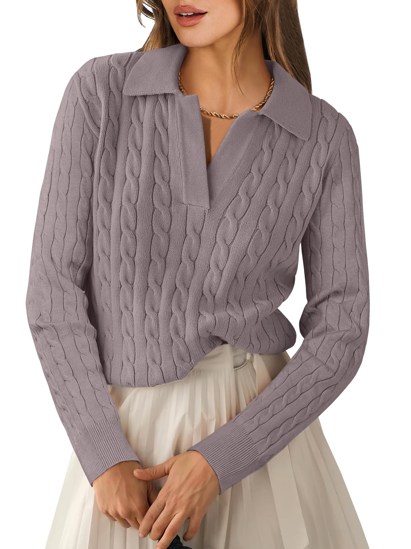 ANRABESS Womens Cable Knit Sweaters Long Sleeve V Neck Sweater Tops Casual Pullover Polo Shirts 2025 Fall Fashion Outfits