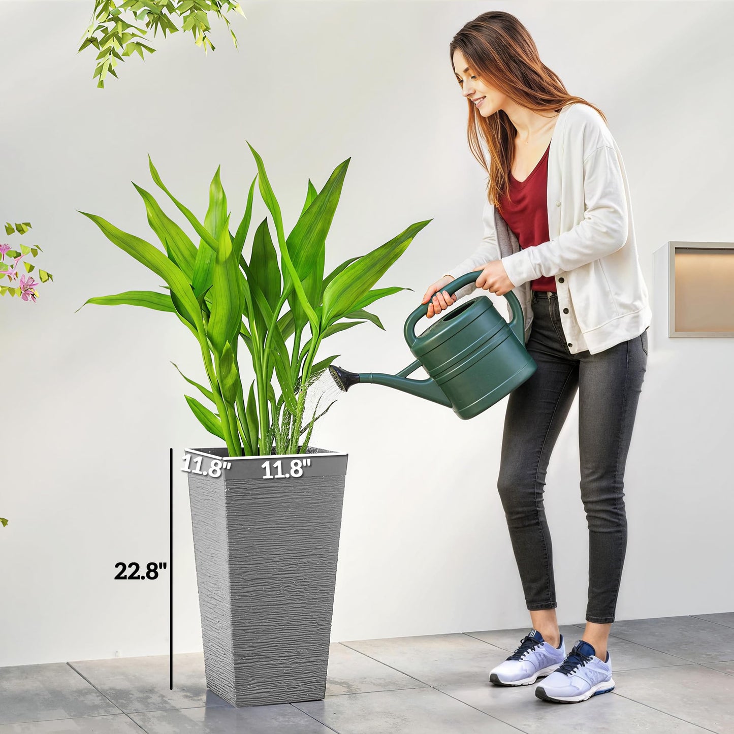 Outsunny 22.8 Inch Tall Planters for Outdoor Plants, Set of 3 Plastic Flower Pots with Stone Finish and Wheels, Stackable Tapered Planters with Drainage Hole for Indoor Plants, Front Porch, Gray