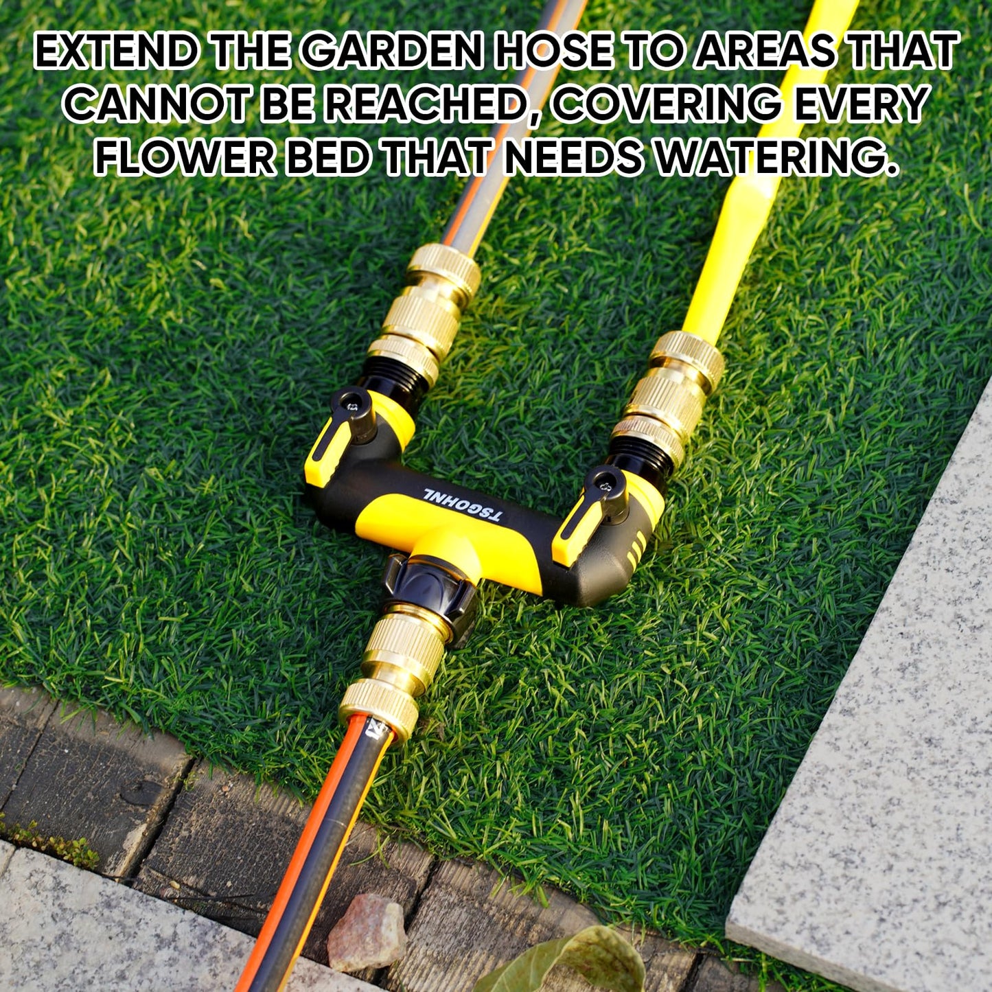 2 Way Garden Hose Splitter, 3/4 Inch Outdoor Faucet Splitter, Hose Manifold with Independent Shut Off Valves, Wide Spacing for Hose Timers, Sprinklers, Lawn, Yard and Garden Watering - yellow