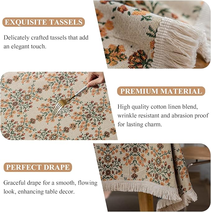 VClife Beige Floral Print Table Cloth, Linen Texture Tablecloth