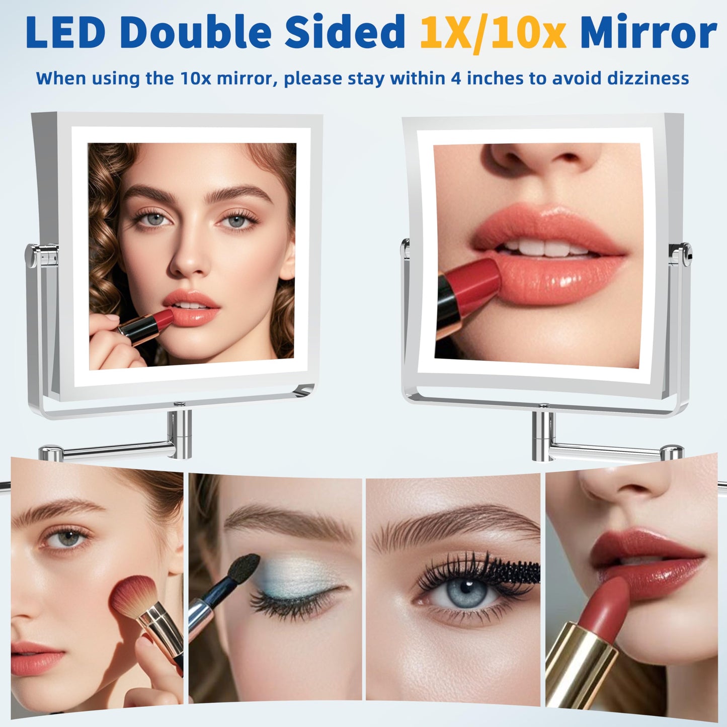 Ruacq Rechargeable Wall Mounted Makeup Mirror with Lights, Double Sided 1X/10X Magnifying Vanity Mirror with 3 Color Lighting, Touch Screen Dimmable, 360° Rotation Extension Foldable Arm(Matte Black)