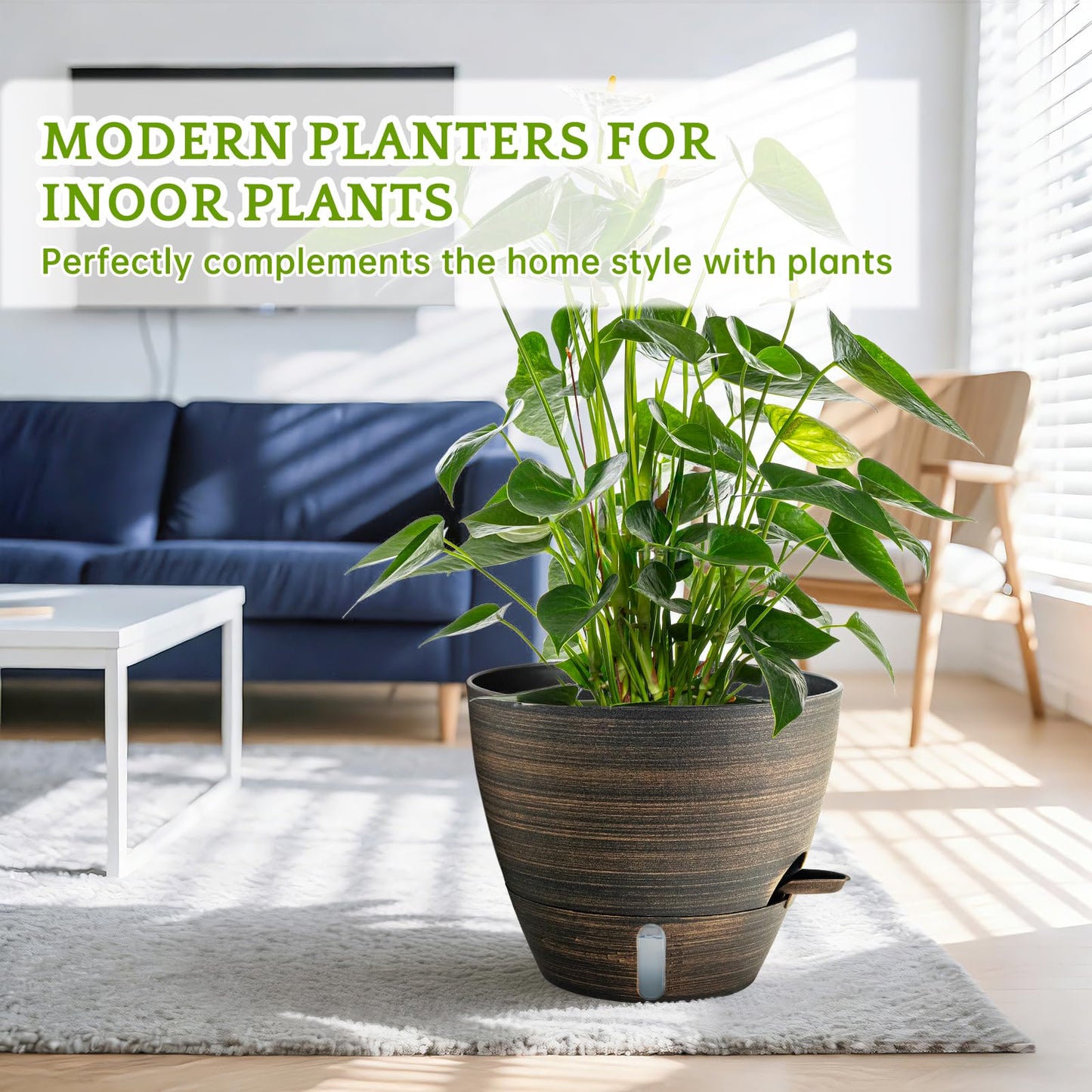 ZMTECH 10 Inch Self Watering Pots for Indoor/Outdoor Plants, Bronze Large Plastic Planter with Water Level Indicator, Drainage Hole & Removable Saucer for Garden Flowers, Deco Plant Container