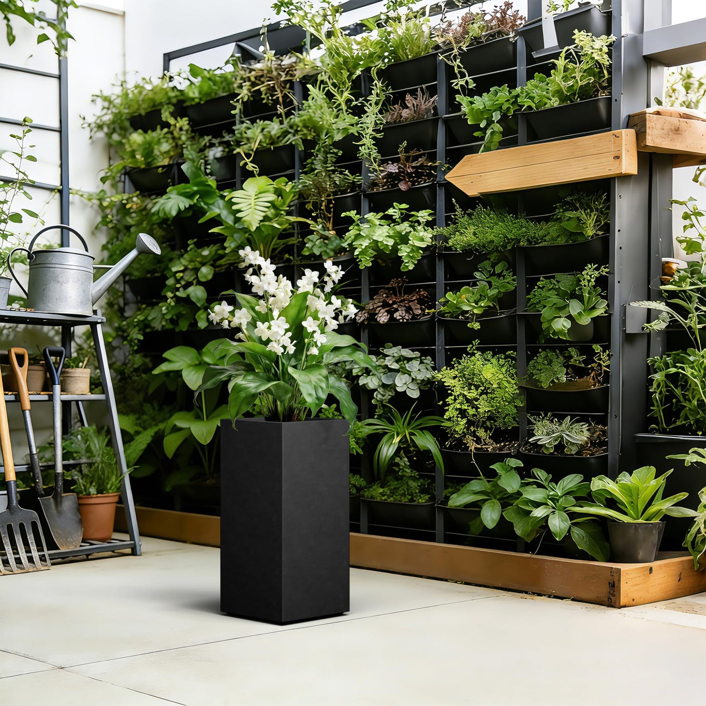 Kante 23.6" H Tall Rectangular Concrete Planter, Modern Square Diameter Plant Pot with Drainage Hole and Rubber Plug for Indoor Outdoor Home Patio Garden, Black