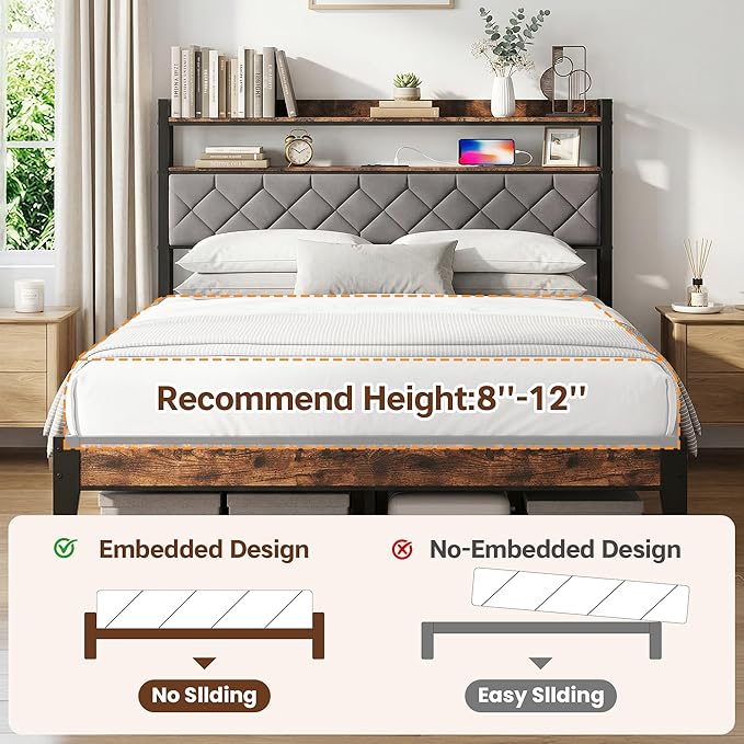 Queen Bed Frame with Charging Station, Upholstered Headboard, Metal Platform