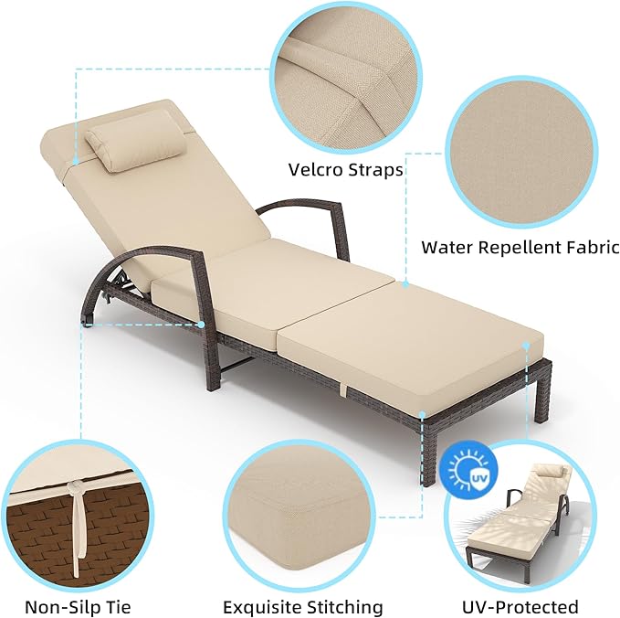 GarveeLife 2-Piece Rattan Patio Folding Chaise Lounge, 5-Position Adjustable