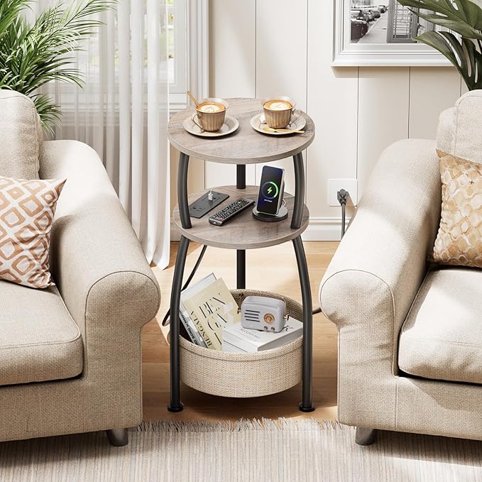 Small Side Table with Charging Station, Round End Table with Basket, USB Port