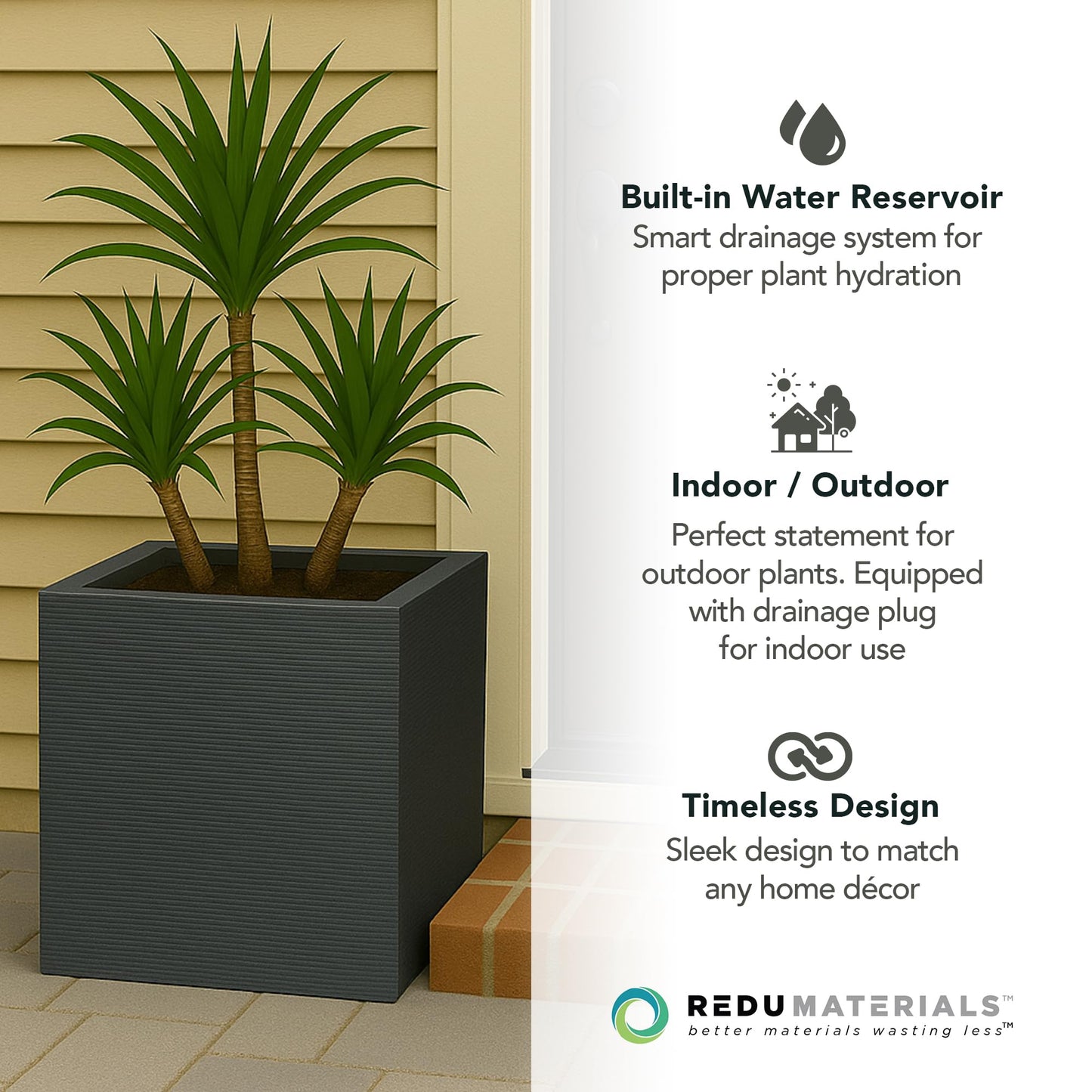 Tierra Verde Indoor & Outdoor Self-Watering Square Planter, Citadel Horizon, 13.5" x 14", Black - Planting Containers for Plants and Flowers - Gardening and Landscaping Accessories