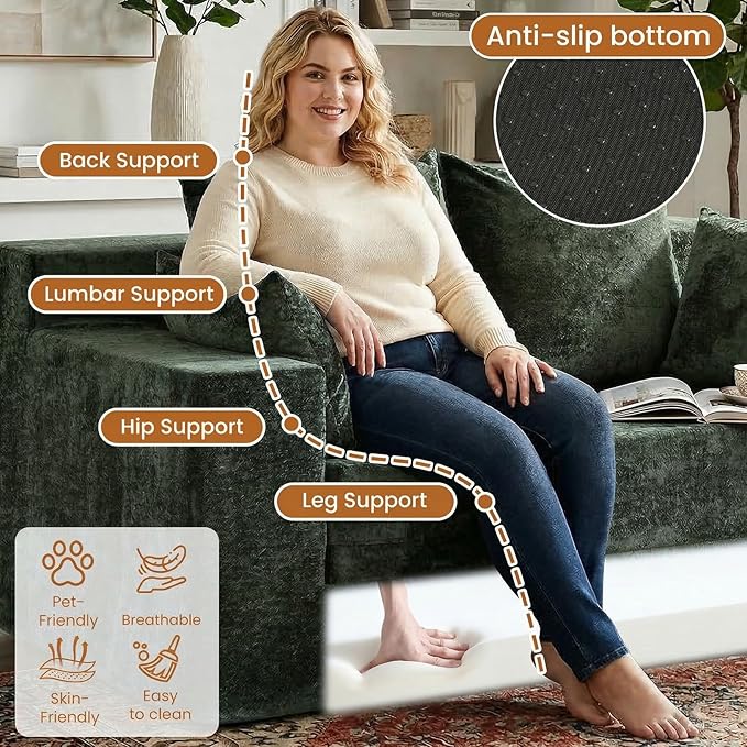 Loveseat Sofa Bed, Convertible Silky Velvet 5-in-1 Foldable Boneless Sleeper