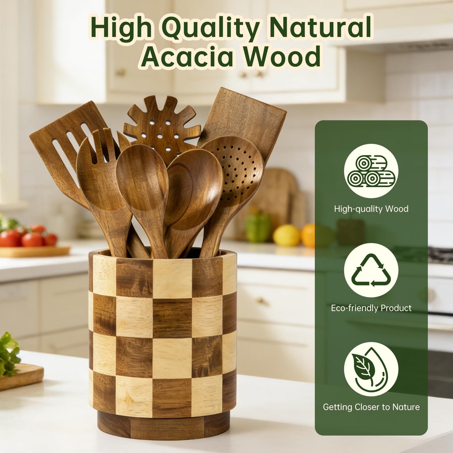 Fyctio Wooden Utensil Holder, 360° Rotating Acacia Wood Kitchen Utensil Holder for Countertop, 7.2" Non-Slip Large Utensil Holder for Kitchen, Farmhouse Countertop Decor, Spatula Holders, Checkered