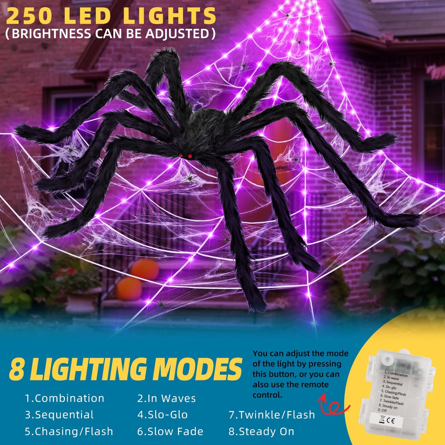 ININ 200" Halloween Light Up Spider Web with 250 LED Lights,Halloween Decorations Outdoor/Indoor,Scary Party Decorations with 59" Giant Spider & 20g Stretch Cobweb,for Yard/Lawn/Garden(Purple)