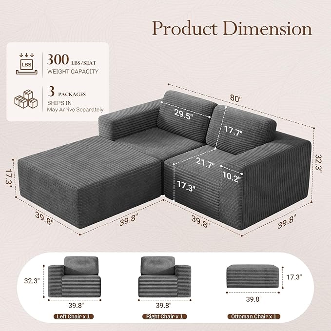 Vesgantti 80" Modular Sectional Sofa, Corduroy Cloud Couch