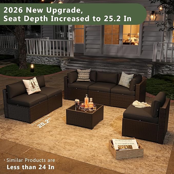 Aoxun 7 Piece Patio Furniture Set, Wicker Rattan Patio Sectional Sofa, Outdoor