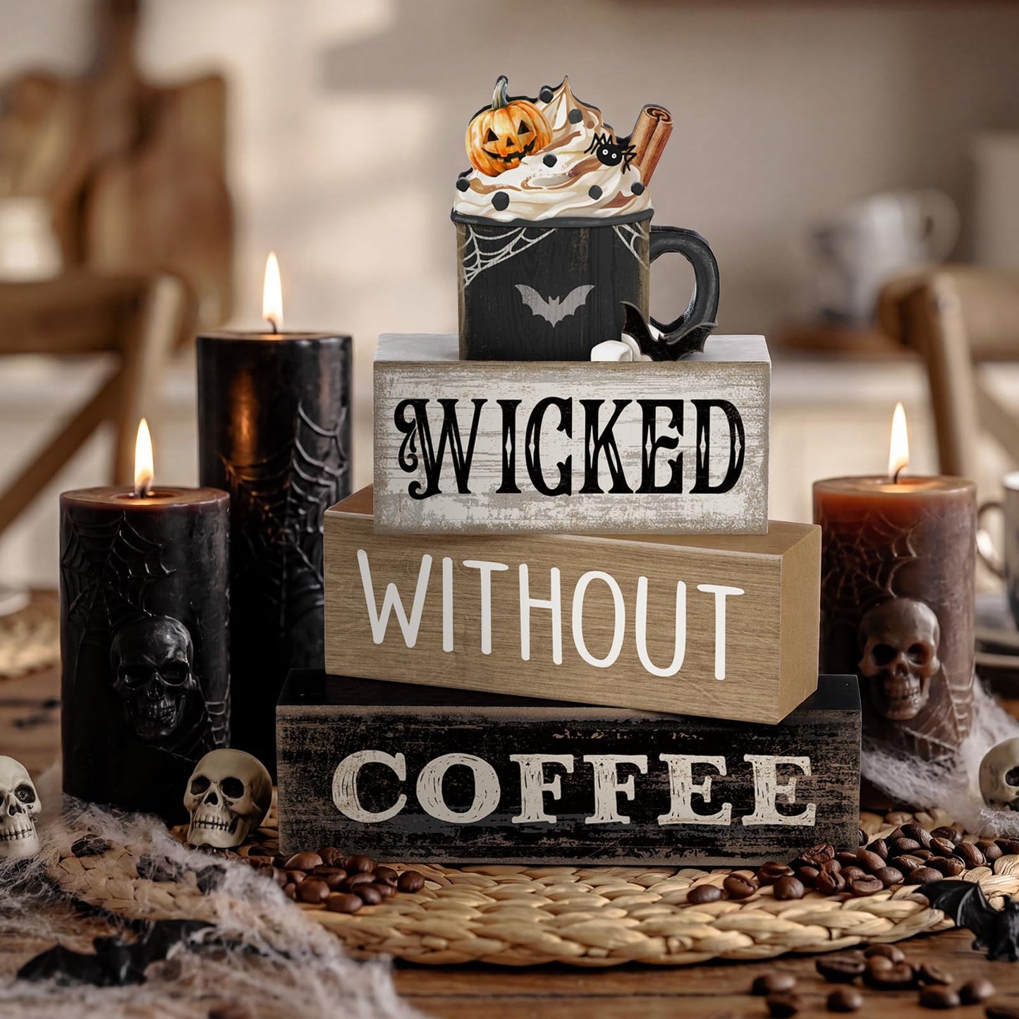 Lineshading 4 Pcs Halloween Coffee Table Decorations Wicked Wooden Stacked Sign Decor Rustic Halloween Tiered Tray Decor Decorative Pumpkin Ghost Hot Cocoa Centerpiece for Home Kitchen Coffee Bar