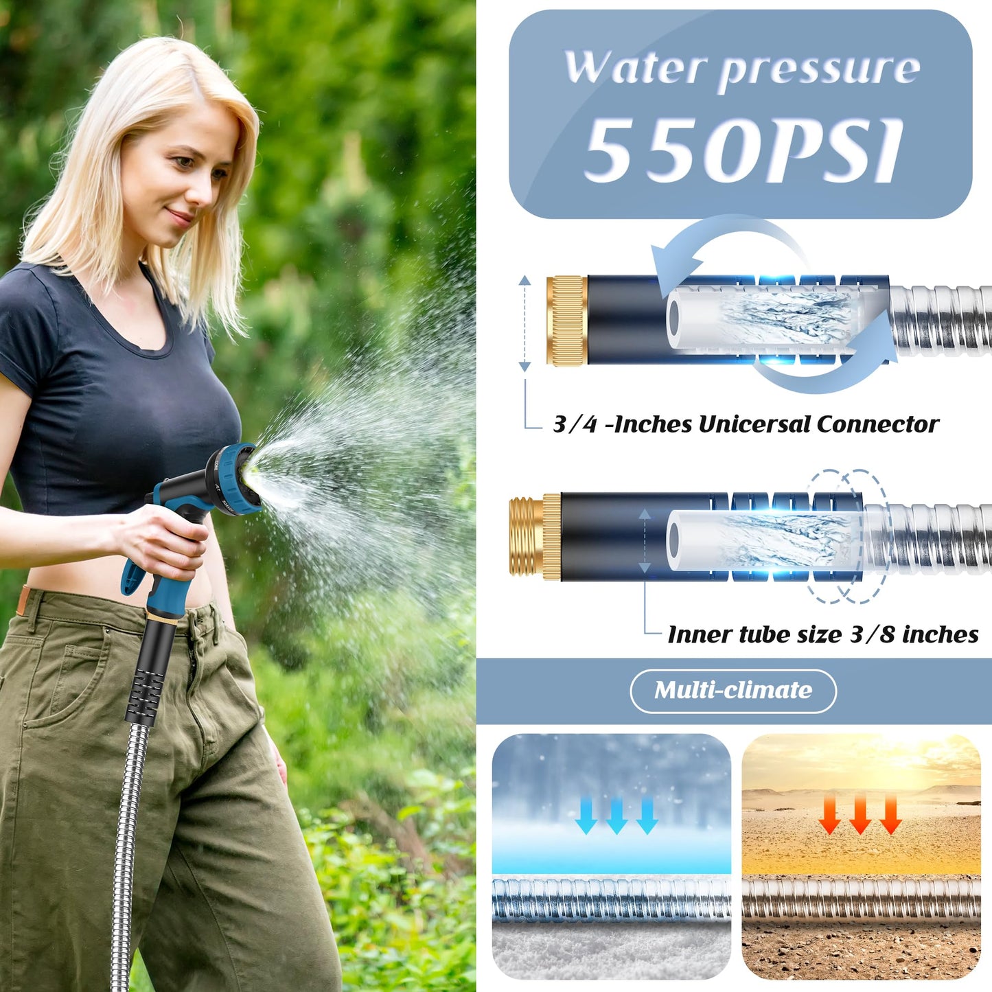 Advinski Garden Hose 100FT, Water Hose with 10 Function Nozzle, Garden Hose Metal with Leak-proof Connectors, No-Kink, Lightweight, Puncture-proof, Pet-proof, Sturdy, 550PSI, Hose for Outdoor, Yard
