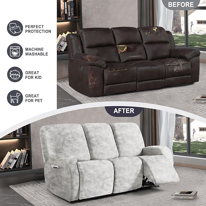 ANARACHON Leather Look Recliner Couch Cover, 8-Pieces Stretch Recliner Sofa