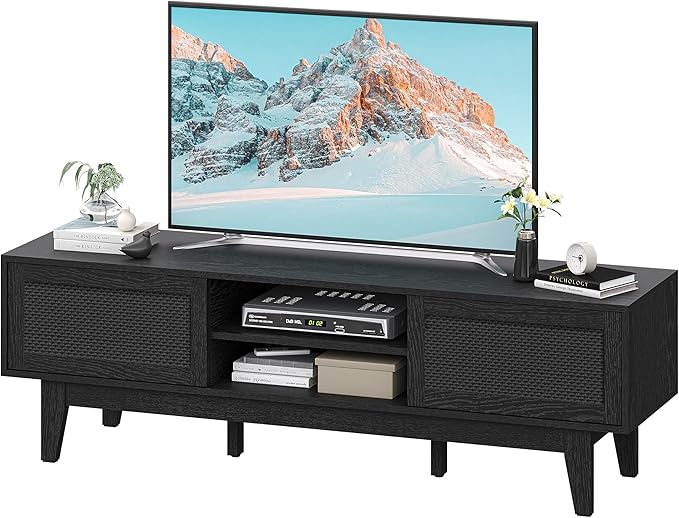 Xixini Boho TV Stand for 55 65 Inch TV, Rattan Entertainment Center