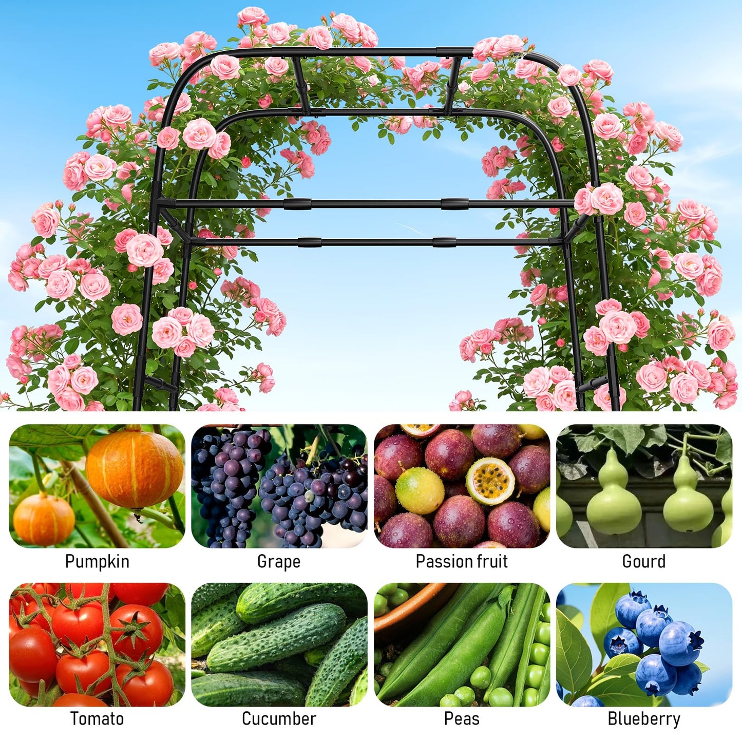 7ft Garden Arch Trellis for Climbing Plants Outdoor-Heavy Duty Metal Cucumber Trellis for Raised Beds- Tall Steel Vegetable Arbor for Climbing Vine Fruit Flower Yard Lawn Arch Tunnel Trellis