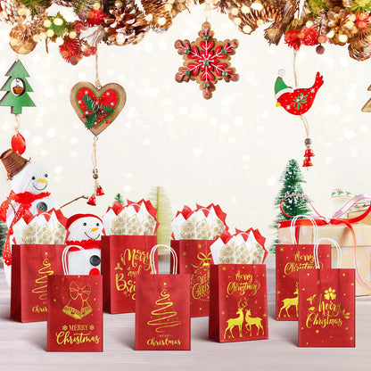 Ragnhild 48 Pcs Christmas Gift Bags, Red Glitter Christmas Bags for Gifts with Tissue Paper, 6 Styles Red and Gold Foil Paper Goodie Bag with Handles, Bulk Xmas Holiday Reusable Party Favor Treat Bag