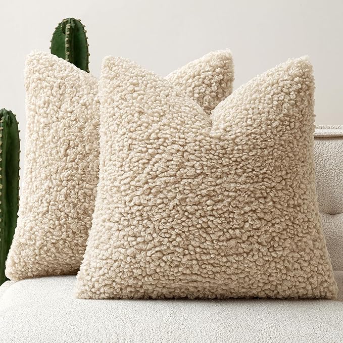 Faux Fur Throw Pillow Covers 18x18 Inch Set of 2 Boucle Neutral Decorative