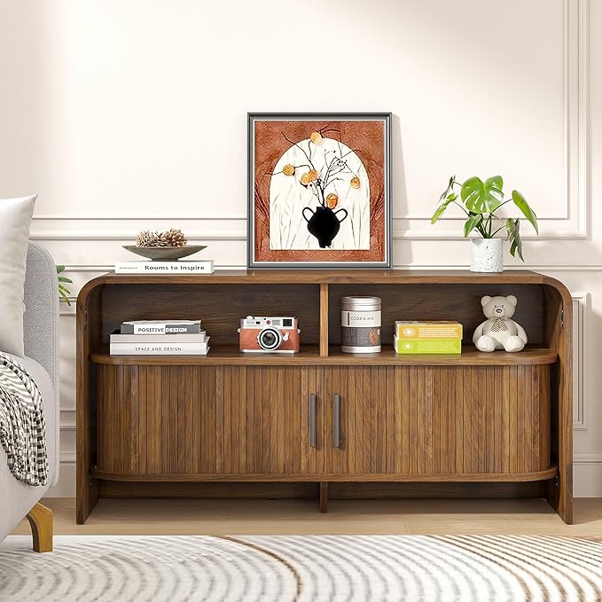Small TV Stand for Bedroom, Low Fluted TV Console for 40 43 Inch, Mid Century