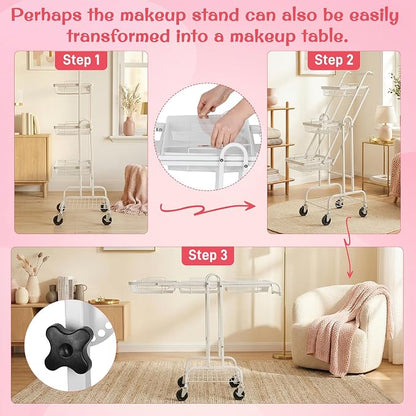 Werhoo 90° to 180° Adjustable Makeup Organizer Cart (Detachable Tabletop) with Drawers-4 Tier, Metal Beauty Cart with Enlarged Wheel Move to Bedroom, Bathroom and Living Room for Flexible Makeup