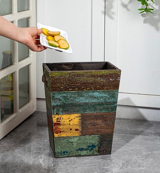 TIMRIS Small Wood Trash Can Wastebasket, Farmhouse Rectangular Garbage Can