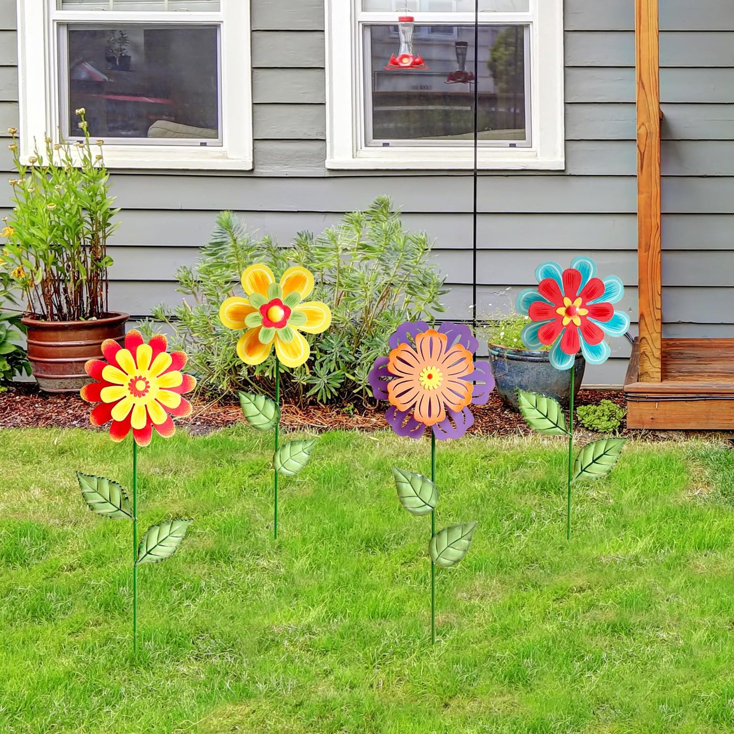 HUTHDAK Metal Flowers for Outside,4 Pack 16.33" Decorative Garden Stakes with Swaying Flowers Head Yard Art,Spring Garden Decor for Lawn, Pathway & Yard