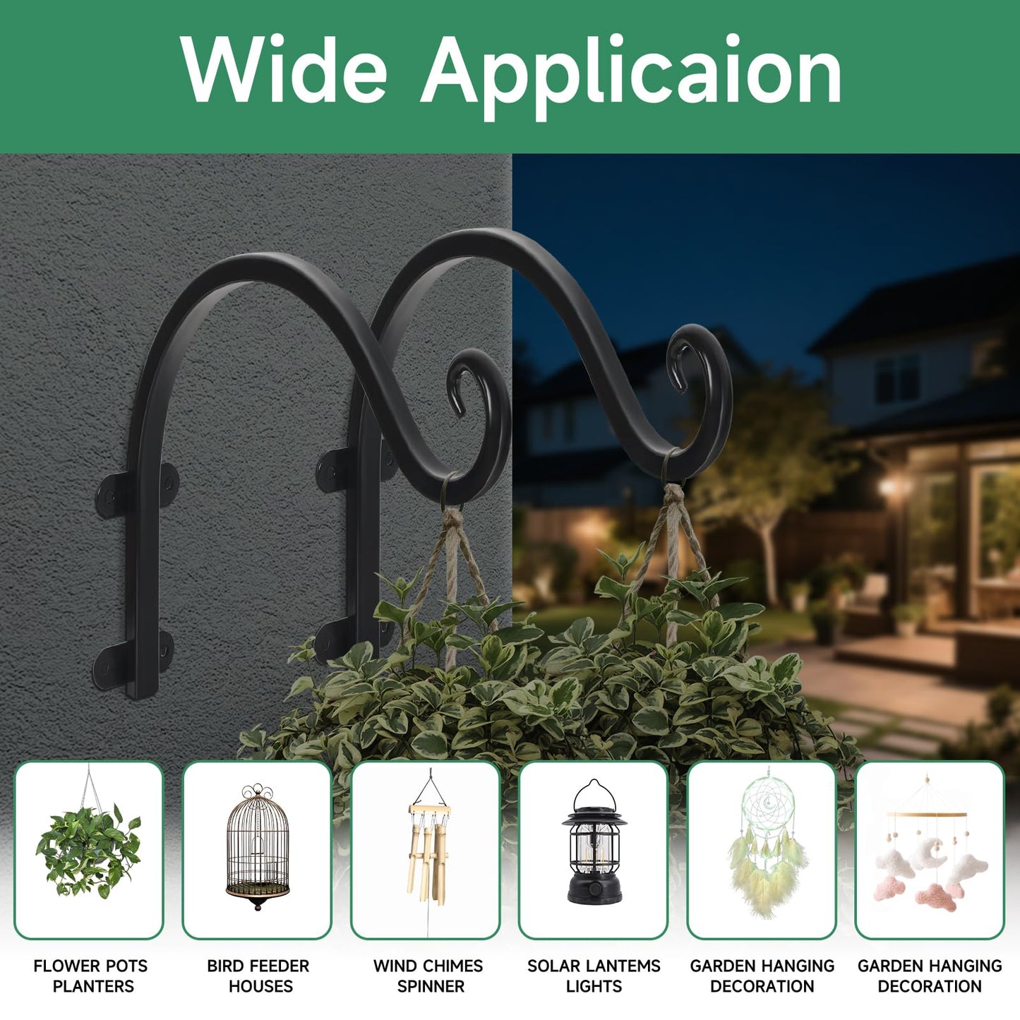 4 Pack 12Inch Plant Hanger, Sturdy Hanging Plant Bracket Hooks Outdoor, Bird Feeder Hanger for Bird Feeders, Planters, Lanterns, Wind Chimes Indoor Outdoor (Black)