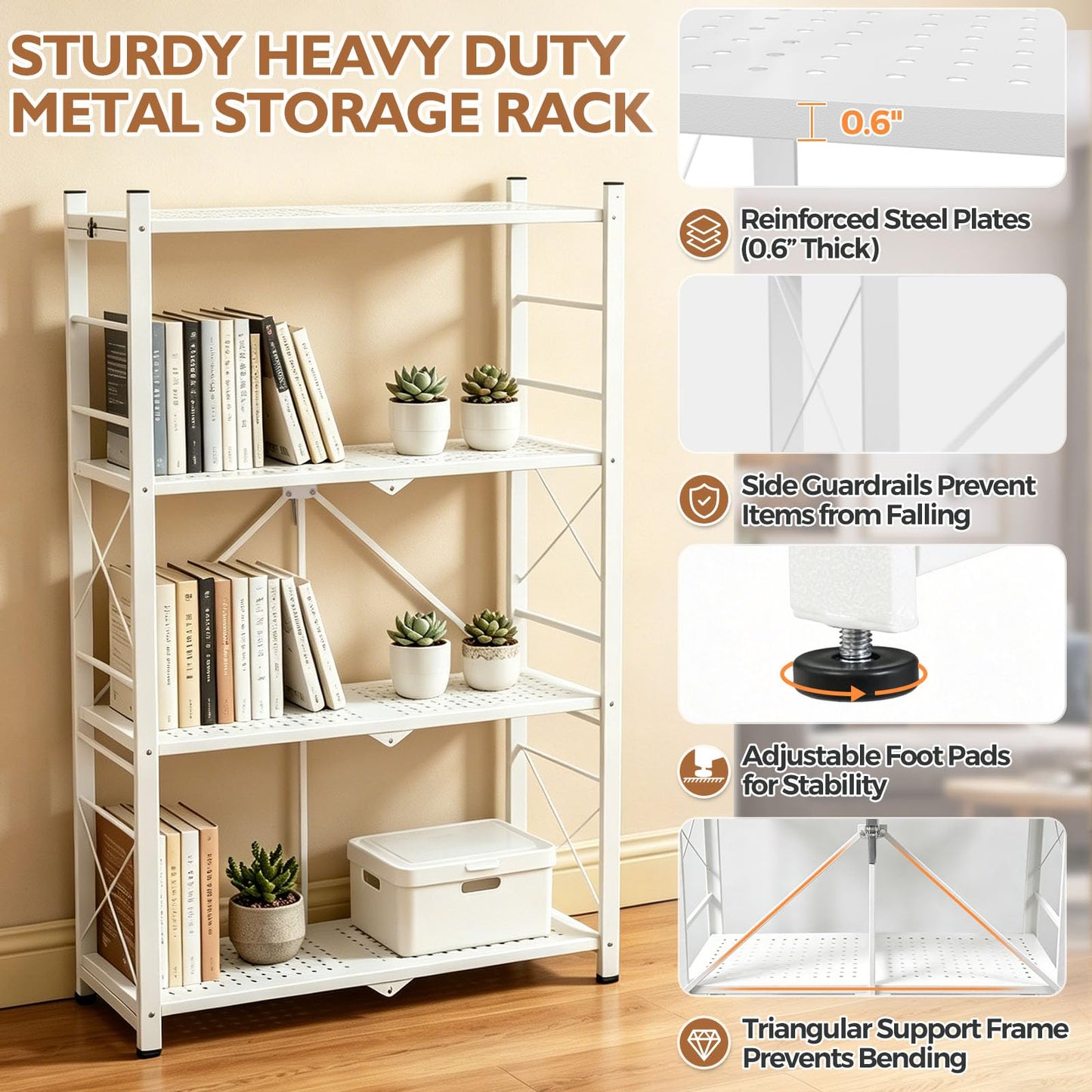 EAGLE PEAK 4-Tier Foldable Greenhouse Shelf, Heavy Duty Metal Storage Rack, No Assembly Steel Shelving Unit, Plant Stand for Greenhouse and Multi-Use Storage, 28”x14.6”x44.7”, 520 lbs, 2 Pack, White