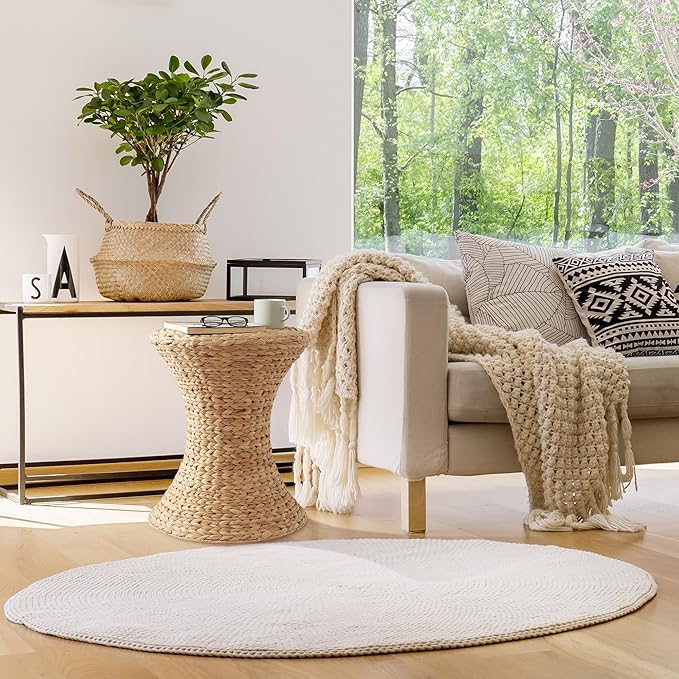Casafield Hourglass Side Table, Water Hyacinth Round End Table, Boho Woven