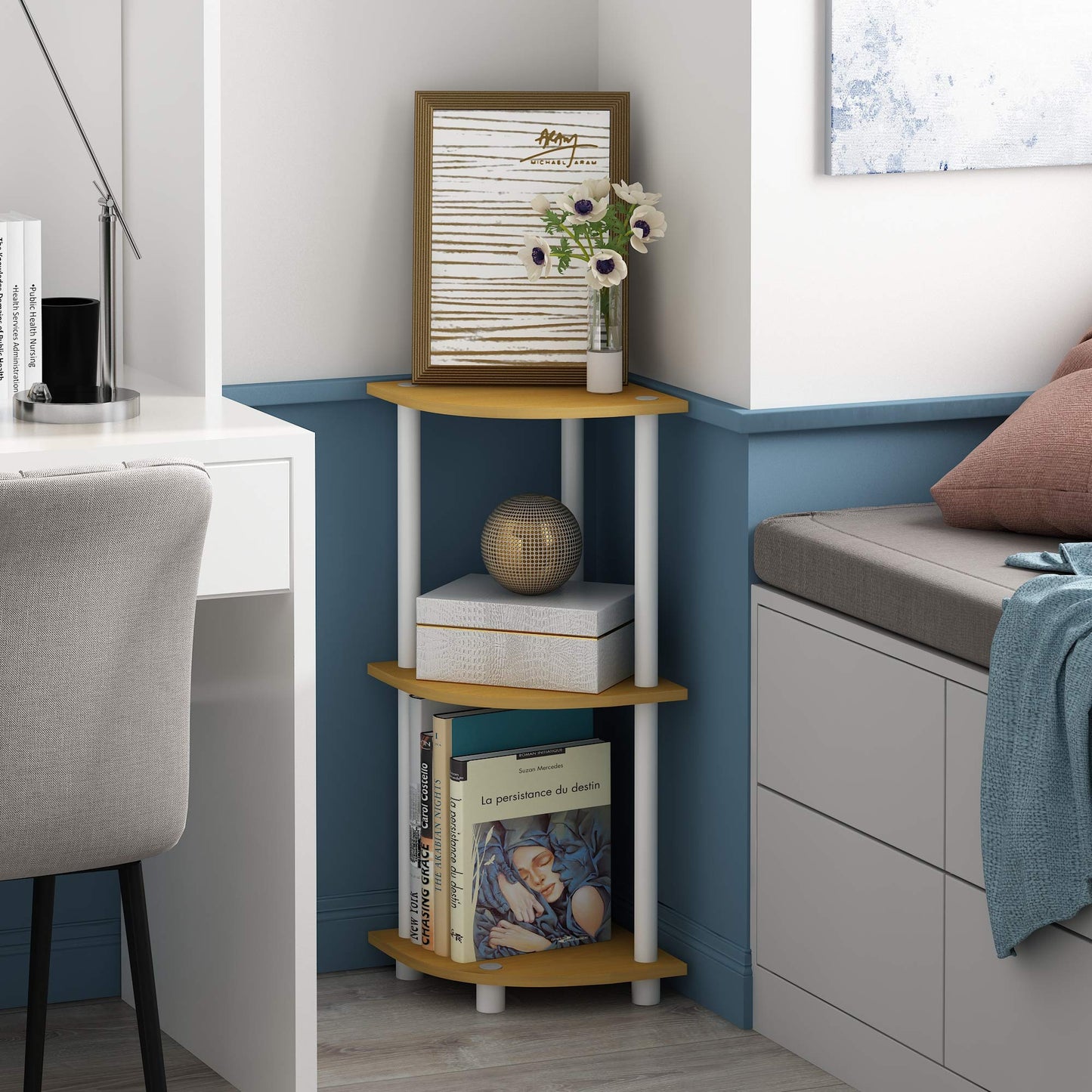 Furinno TURN-N-TUBE Corner Shelf, 3-Tier Corner Bookshelf, Display Storage Shelves with Open Shelves, for Organization and Storage, Living Room, Home Office, Garage, Beech