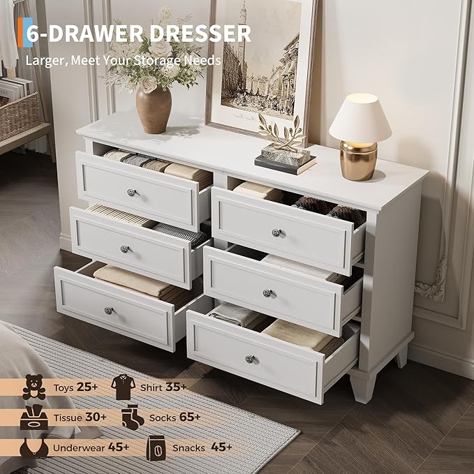 IDEALHOUSE 6 Drawer Dresser, Wooden Storage Chest of Drawers