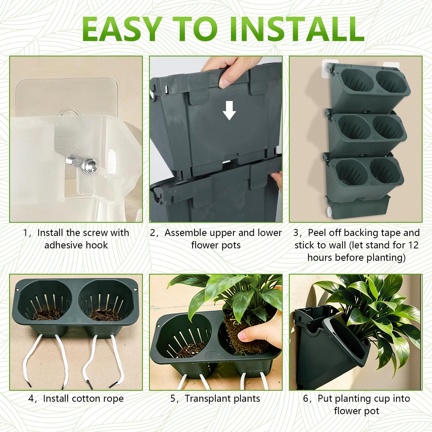 3-Tiers Vertical Wall-Mounted Planter with 6 Pots Vertical Garden Living Wall Planter Indoor Self-Watering Soil-Water Separation Stackable Plastic Planter for Herb Vegetable Flower Succulent (Green)