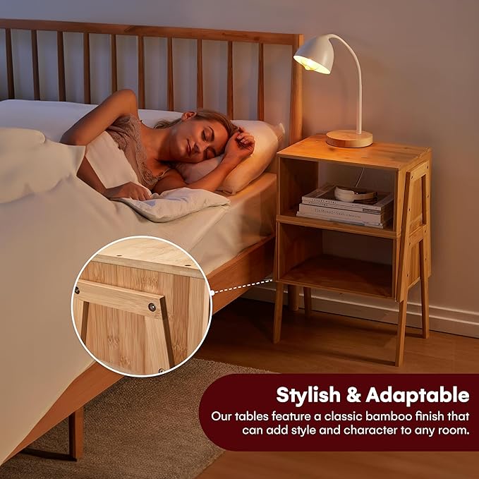 Vdomus Bamboo Stackable Nightstand Set of 2- Natural Wood Matching Side Table